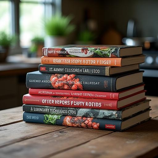 A stack of beautifully photographed cookbooks on a rustic wooden table, featuring diverse culinary techniques.