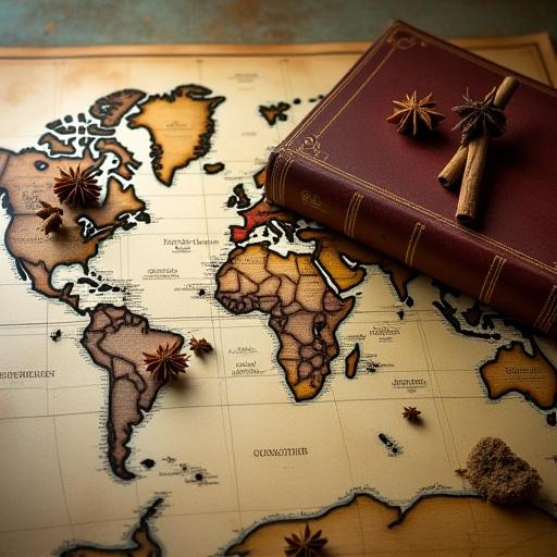 An antique world map with various spices and an old, leather-bound book laid on top, symbolizing food history.