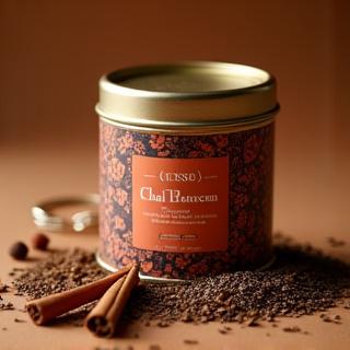 A beautifully designed tin of loose leaf chai tea blend, with visible whole spices like cinnamon and cardamom.